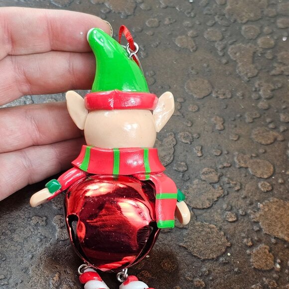 Christmas Elf Ornament Metal Bell Red Green Striped Scarf Holiday Dangling Legs - Picture 3 of 8